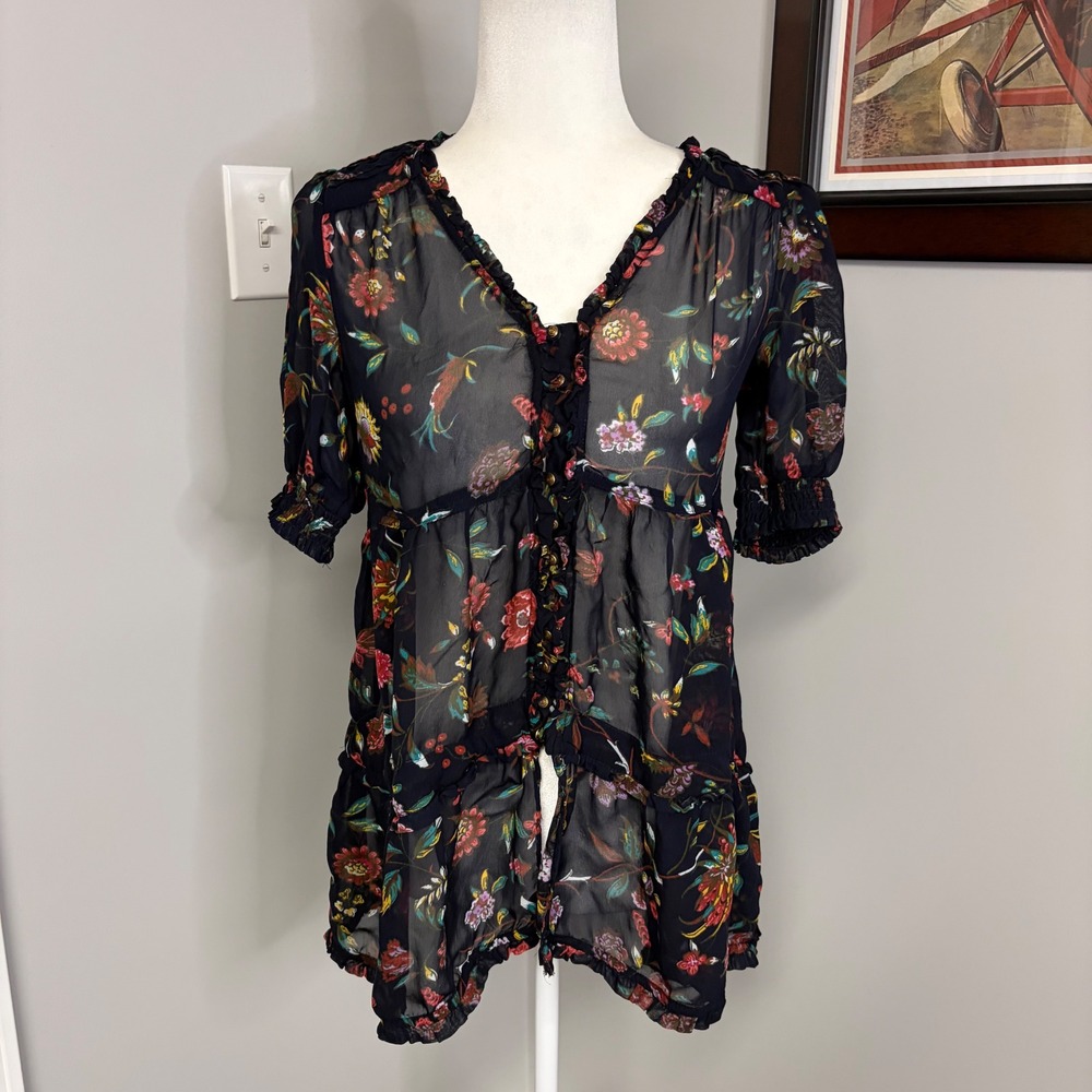 Anthropologie Sheer Floral Ruffle Tunic Top Navy Blue Boho Tiered XS